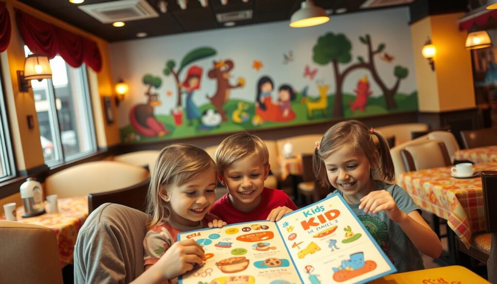 A cozy family-friendly restaurant with a vibrant atmosphere. In the foreground, a group of children eagerly peruse the colorful kids' menu, their faces alight with excitement. The middle ground features a welcoming seating area with plush, comfortable chairs and tables adorned with cheerful tablecloths. In the background, a playful mural depicting whimsical cartoon characters adds to the playful ambiance. Warm, soft lighting casts a gentle glow, creating an inviting and relaxed mood. The overall scene conveys a sense of comfort, joy, and an environment tailored to cater to the needs and interests of families with young diners.