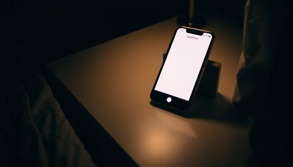 A bedside table with a smartphone in &amp;quot;bedtime mode&amp;quot;, its screen dimly lit by a warm, soft glow. The room is dark, with minimal ambient light, creating a soothing, calming atmosphere. The phone's interface displays a simple, uncluttered design, with features like &amp;quot;Do Not Disturb&amp;quot; and &amp;quot;Bedtime&amp;quot; modes enabled. The image conveys a sense of balance and tranquility, reflecting the user's need for digital well-being and a healthy work-life integration.
