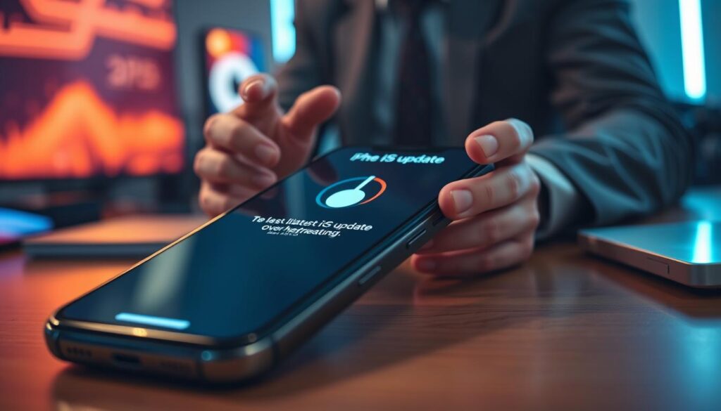A close-up view of an iPhone displaying the latest iOS update screen, with a thermometer symbol indicating overheating. In the foreground, the phone sits atop a wooden desk, slightly angled as if in use. The middle layer features hands in professional business attire, engaging with the phone, showing concern. The background includes a softly focused gaming setup, dimly lit by LED lights, enhancing the atmosphere of a gaming environment. Bright, warm lighting creates a slight glare on the phone screen, emphasizing the heat effect. The overall mood is a mix of urgency and professionalism, encapsulating the struggle between technology and overheating issues. A close-up view of an iPhone displaying the latest iOS update screen, with a thermometer symbol indicating overheating. In the foreground, the phone sits atop a wooden desk, slightly angled as if in use. The middle layer features hands in professional business attire, engaging with the phone, showing concern. The background includes a softly focused gaming setup, dimly lit by LED lights, enhancing the atmosphere of a gaming environment. Bright, warm lighting creates a slight glare on the phone screen, emphasizing the heat effect. The overall mood is a mix of urgency and professionalism, encapsulating the struggle between technology and overheating issues.