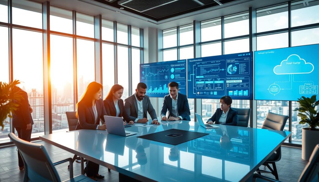 A modern office setting depicting a successful Indonesian company implementing cloud security measures. In the foreground, a diverse team of professionals, dressed in smart business attire, are engaged in a collaborative discussion around a sleek conference table, looking at digital charts on a laptop. In the middle ground, large screens display cybersecurity data visualizations, showcasing cloud networks and security protocols. The background features a panoramic view of the city skyline through floor-to-ceiling windows, with bright natural lighting illuminating the space. The atmosphere is focused and innovative, reflecting a proactive approach to cybersecurity in the cloud. Shot with a wide-angle lens to capture the dynamic environment, emphasizing the integration of technology and teamwork.