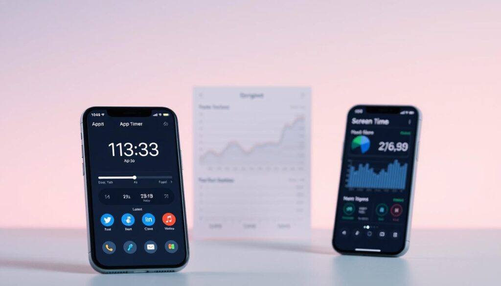 A sleek, minimalist app interface showcasing customizable app timers and screen time controls. The foreground features a clean dashboard with various app icons, sliding toggles, and numeric readouts displaying time spent on each app. The middle ground depicts granular usage data visualizations, with dynamic graphs and charts. The background subtly transitions between soft gradients of calming tones, evoking a sense of digital wellness and productivity. Crisp lighting, a shallow depth of field, and a modern, uncluttered aesthetic convey the thoughtful, user-centric design of the digital wellbeing tools.