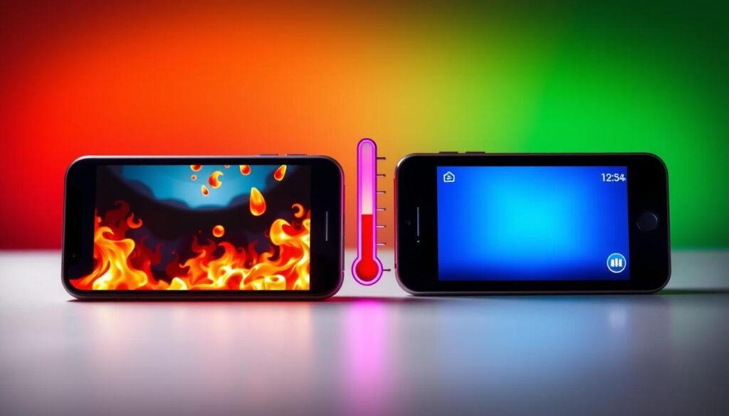 A visually striking comparison image illustrating the effects of heavy and light games on an overheating iPhone. In the foreground, place an iPhone displaying a vibrant, graphically intense game with animated flames or heat waves emanating from it. Beside it, another iPhone shows a simple, colorful mobile game, with cool blue hues and a calm atmosphere. In the middle ground, include a thermometer indicating rising temperatures next to the heavy game, contrasting with a normal temperature indicated by the light game. The background features a gradient of colors signifying stress levels, transitioning from red for the heavy game to green for the light one. Illuminate the scene with bright, dynamic lighting on the iPhone with the heavy game, while soft, ambient lighting bathes the other iPhone, creating a clear mood of tension versus tranquility. A visually striking comparison image illustrating the effects of heavy and light games on an overheating iPhone. In the foreground, place an iPhone displaying a vibrant, graphically intense game with animated flames or heat waves emanating from it. Beside it, another iPhone shows a simple, colorful mobile game, with cool blue hues and a calm atmosphere. In the middle ground, include a thermometer indicating rising temperatures next to the heavy game, contrasting with a normal temperature indicated by the light game. The background features a gradient of colors signifying stress levels, transitioning from red for the heavy game to green for the light one. Illuminate the scene with bright, dynamic lighting on the iPhone with the heavy game, while soft, ambient lighting bathes the other iPhone, creating a clear mood of tension versus tranquility.