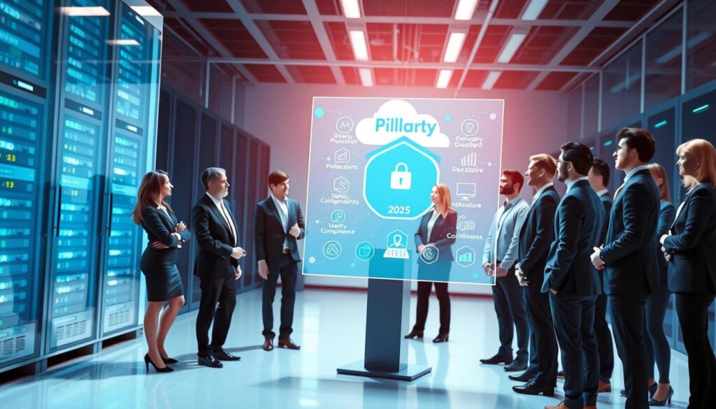 A visually striking illustration showcasing the six pillars of cloud security in a professional setting. In the foreground, a diverse group of professionals in business attire is gathered around a digital display that highlights key security concepts, such as data protection, identity management, and compliance. In the middle background, sleek servers and cloud icons symbolize the technological framework of cloud security. The lighting is bright and modern, emphasizing a high-tech atmosphere with cool blue and white tones. The perspective is slightly angled, giving depth to the scene while focusing on the engaging discussion among experts. The overall mood is collaborative and forward-thinking, reflecting the critical importance of cybersecurity in cloud computing by 2025, without any text or overlays.