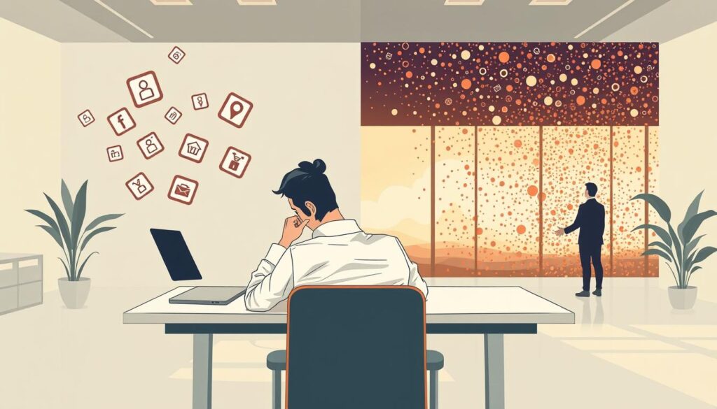A conceptual illustration depicting the consequences and benefits of turning off tracking features in popular applications. In the foreground, a thoughtful professional seated at a sleek, modern desk, contemplating on a laptop with tracking icons floating away, symbolizing data freedom. In the middle ground, a split scene: one side shows a serene environment with a person enjoying privacy, while the other side illustrates potential dangers of data exposure with chaotic, crowdsourced data streams. The background is a calm office space with soft natural lighting, enhancing a sense of professionalism and clarity. The mood is introspective and informative, focusing on empowerment through conscious digital choices, captured with a warm lens effect to convey approachability and insight. No text, logos, or watermarks are included.