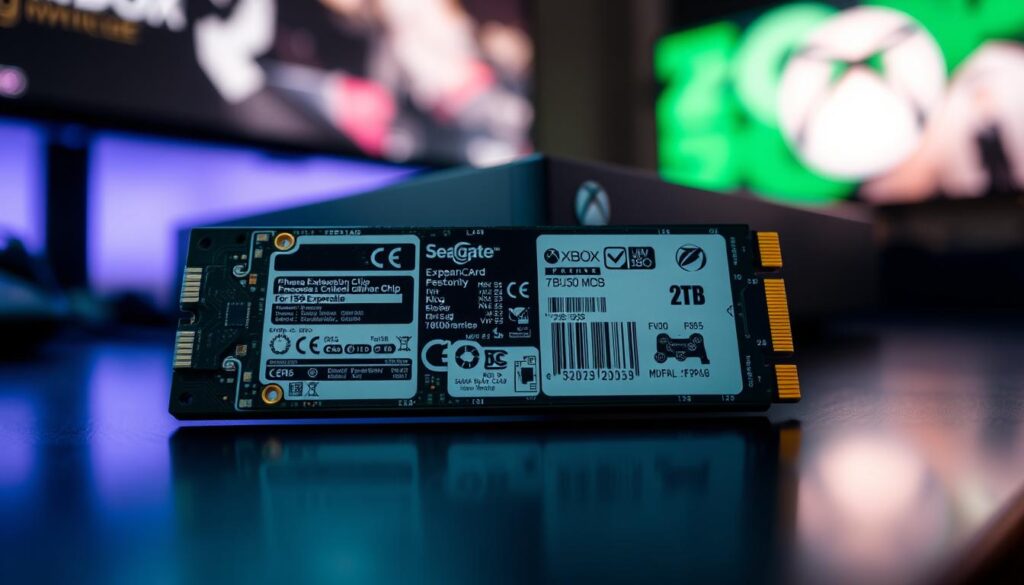 A detailed close-up of a Seagate 2TB expansion card designed for Xbox, featuring visible technical specifications and the Phison E19 controller chip prominently displayed. The card should be showcased on a sleek, modern desktop surface reflecting a subtle glow, emphasizing its cutting-edge technology. In the background, a blurred out image of an Xbox console provides context, while soft LED lighting accentuates the card, creating a high-tech atmosphere. The focus is sharp on the card, shot from a low angle to enhance its prominence, while the background remains slightly out of focus to draw attention to the details of the expansion card. The overall mood is focused, professional, and innovative, perfectly capturing the essence of advanced gaming storage technology. A detailed close-up of a Seagate 2TB expansion card designed for Xbox, featuring visible technical specifications and the Phison E19 controller chip prominently displayed. The card should be showcased on a sleek, modern desktop surface reflecting a subtle glow, emphasizing its cutting-edge technology. In the background, a blurred out image of an Xbox console provides context, while soft LED lighting accentuates the card, creating a high-tech atmosphere. The focus is sharp on the card, shot from a low angle to enhance its prominence, while the background remains slightly out of focus to draw attention to the details of the expansion card. The overall mood is focused, professional, and innovative, perfectly capturing the essence of advanced gaming storage technology.