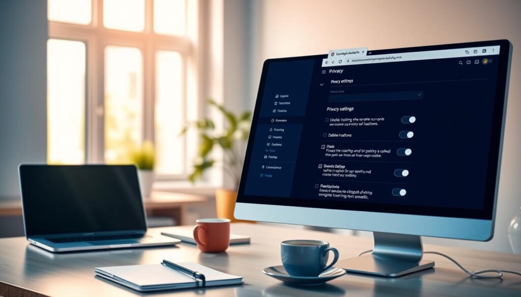 A digital workspace focused on browser privacy settings. In the foreground, a sleek computer screen displays an open web browser with highlighted privacy settings, showcasing toggles for disabling tracking features. The middle ground features an organized desk with a modern laptop, a notebook, and a cup of coffee, alluding to a productive environment. The background exhibits a softly lit room with a potted plant and a window, allowing natural light to filter in, creating a warm and inviting atmosphere. The scene conveys a sense of security and control, with a color palette of blues and greens promoting calmness and focus. The overall mood is professional and informative, emphasizing the importance of protecting online privacy.