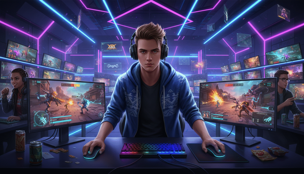 A dynamic illustration capturing an online gaming battle royale scene, showcasing a diverse group of professional gamers immersed in an intense match. In the foreground, a young male gamer with short brown hair, wearing a stylish hoodie and headphones, concentrates on his gaming setup. The middle ground features a colorful array of computer screens displaying vibrant in-game graphics and characters battling in a virtual landscape. The background is filled with a futuristic gaming room, illuminated by neon lights in shades of blue and purple, creating a high-energy atmosphere. The mood conveys excitement and focus, emphasizing the competitive spirit of esports. Opt for a wide-angle perspective to encapsulate the action and camaraderie among gamers, done in a realistic style with crisp detailing and dynamic lighting to enhance the immersive experience.