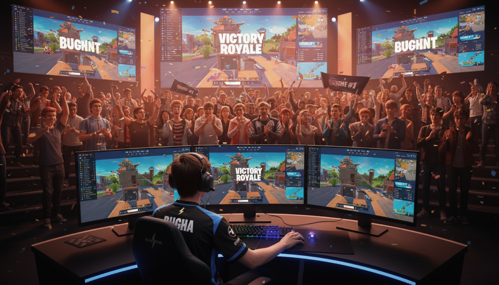 A dynamic scene showcasing the transformation of a professional esports player in Fortnite, set in a vibrant gaming arena. In the foreground, a focused young player, wearing a sleek gaming jersey and headphones, sits confidently at a high-tech gaming setup, illuminated by colorful LED lights radiating from the equipment. In the middle ground, fans cheer enthusiastically, waving banners and holding smartphones to capture the moment, their excitement palpable. The background features large screens displaying Fortnite gameplay and player statistics, adding to the electric atmosphere. Soft spotlights cast dramatic shadows while a warm color palette creates an inspiring and celebratory mood, highlighting the surge in Fortnite’s popularity following Bugha's victory.