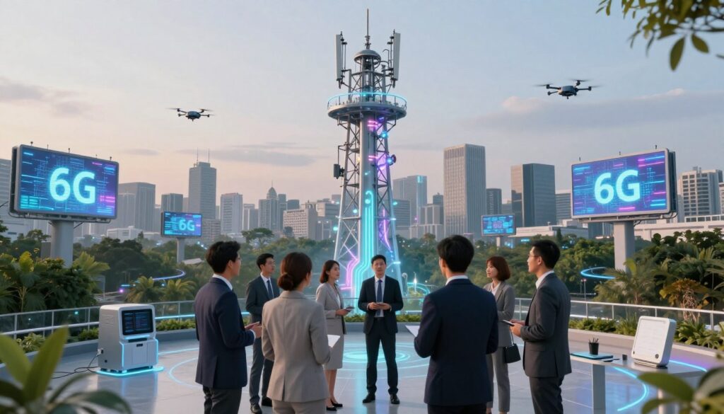 A futuristic landscape depicting the challenges of communication technology infrastructure, focusing on the transition to 6G. In the foreground, a diverse group of professionals in business attire are engaged in a discussion around a high-tech communication tower and various advanced devices. The middle ground features a sleek 6G tower adorned with glowing antennas and data streams visualized in bright neon colors. In the background, a city skyline with digital billboards and drones, showcasing a blend of modern architecture and lush greenery, represents the integration of technology and nature. The scene is illuminated by a soft twilight, enhancing the atmosphere of innovation and collaboration, captured from a low angle for a dynamic perspective.