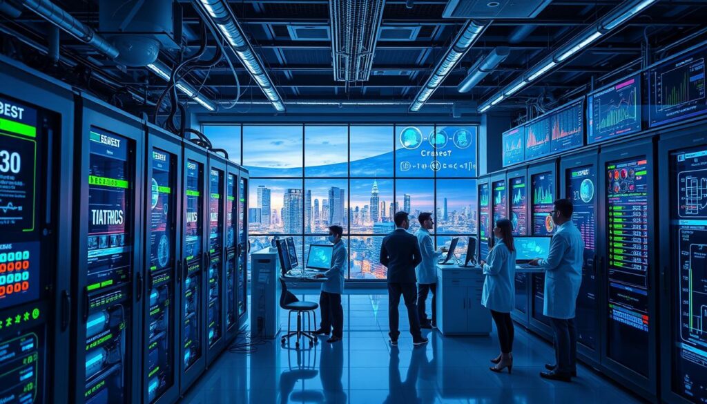 A futuristic research laboratory filled with state-of-the-art supercomputer systems. In the foreground, a sleek, advanced supercomputer with glowing blue and green lights, intricate wiring, and multiple screens displaying complex data and visualizations. Scientists in professional business attire are intently analyzing data on screens, with a diverse group collaborating around a digital interface. In the middle, large glass windows reveal a stunning view of a city skyline illuminated by evening light. In the background, colorful holographic displays project scientific models and equations, creating a vibrant atmosphere of innovation and discovery. The lighting is bright and dynamic, with a focus on the supercomputer and interactive screens, conveying an energetic, cutting-edge vibe in this revolutionary research environment.