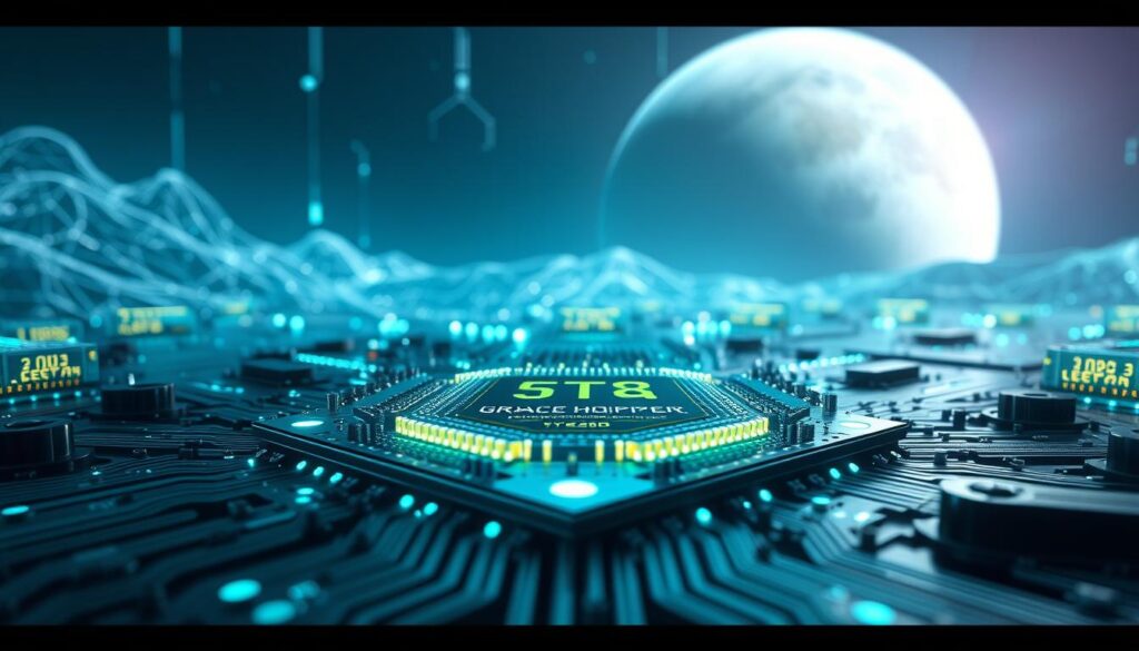 A futuristic visualization of the NVIDIA Grace Hopper GH200 architecture, centrally featuring a highly detailed superchip design. The foreground includes intricate circuitry, glowing components, and a sleek, metallic surface reflecting light. In the middle ground, showcase the conceptual representation of data flows and processing units, illuminated with soft blue and green lights. The background should depict a digital landscape with abstract elements symbolizing high-performance computing and advanced technology, enhanced by cool lighting to evoke a sense of innovation and sophistication. Use a dramatic angle that emphasizes depth, capturing the essence of cutting-edge chip technology. The overall mood should be futuristic and inspiring, highlighting the power and complexity of the Jupiter Booster and its architecture.