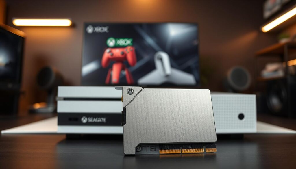 A high-quality, detailed image of an Xbox Seagate 2TB expansion card prominently displayed in the foreground. The card should exhibit its sleek design, showcasing the Phison E19 controller with clear technical details like connectors and packaging. In the middle ground, a slightly blurred Xbox console should provide context, emphasizing the card's compatibility. The background features a modern gaming setup with soft LED lighting that warms the atmosphere, creating a dynamic yet professional mood. The focus should be on the expansion card itself, highlighting its benefits for gamers. The angle should be slightly elevated for a clear view of the card's details, while maintaining a clean, uncluttered workspace aesthetic. No text or logos should be present in the image. A high-quality, detailed image of an Xbox Seagate 2TB expansion card prominently displayed in the foreground. The card should exhibit its sleek design, showcasing the Phison E19 controller with clear technical details like connectors and packaging. In the middle ground, a slightly blurred Xbox console should provide context, emphasizing the card's compatibility. The background features a modern gaming setup with soft LED lighting that warms the atmosphere, creating a dynamic yet professional mood. The focus should be on the expansion card itself, highlighting its benefits for gamers. The angle should be slightly elevated for a clear view of the card's details, while maintaining a clean, uncluttered workspace aesthetic. No text or logos should be present in the image.