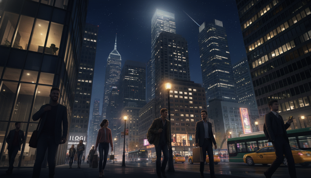 A breathtaking nighttime cityscape captured with the Galaxy S25, showcasing stunning low-light photography. In the foreground, a sleek silhouette of a modern building with illuminated windows adds depth. The middle ground features a vibrant street scene, with pedestrians dressed in smart casual clothing, engaging in lively conversation under streetlights. The background reveals a skyline of towering skyscrapers, twinkling lights reflecting off glass facades, and a star-studded sky. The image should be enveloped in a warm, inviting glow, with soft lighting illuminating the scene, simulating the advanced low-light capabilities of the Galaxy S25 camera. The composition is angled slightly upward to capture the grandeur of the cityscape, creating a sense of awe and vibrancy. The overall atmosphere should convey a sense of excitement and modernity.