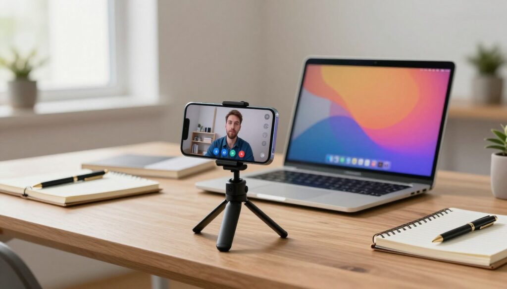 A modern workspace setup featuring a smartphone positioned as a webcam on a sturdy desk. In the foreground, a well-lit smartphone with an attached tripod, pointed towards a laptop screen displaying a video call interface. The smartphone shows clear connectivity icons, indicating it's ready for use. In the middle ground, a laptop with a vibrant display, a notebook, and a stylish pen, all organized neatly. The background reveals a minimalistic office with subtle decor, enhancing the professional atmosphere. Soft natural light filters through a window, creating a warm and inviting ambience. The overall mood is focused and professional, ideal for a virtual meeting.