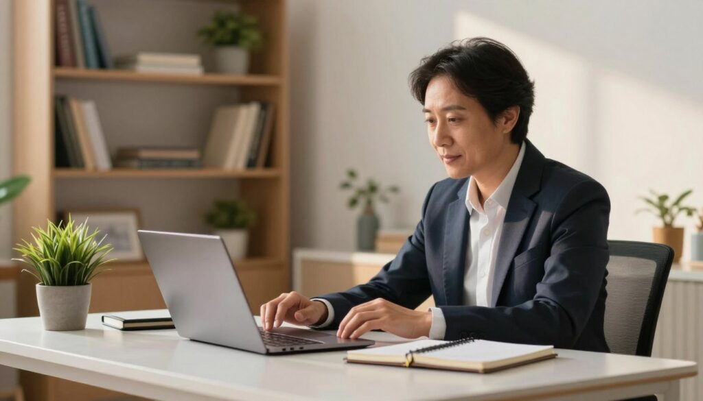 A professional video meeting scene featuring a well-dressed individual sitting at a sleek, modern desk in a well-lit home office. The foreground showcases the subject, a middle-aged person wearing a smart blazer, attentively engaging with their laptop camera. In the middle, the desk is neatly organized with a stylish notebook and a potted plant adding a touch of color. The background features soft, blurred shelves filled with books and tasteful decor, creating an inviting environment. The lighting is warm and balanced, emulating a natural daylight ambiance, highlighting the person’s face and creating a clear focal point. The overall atmosphere is professional yet approachable, ideal for a video conference setting.