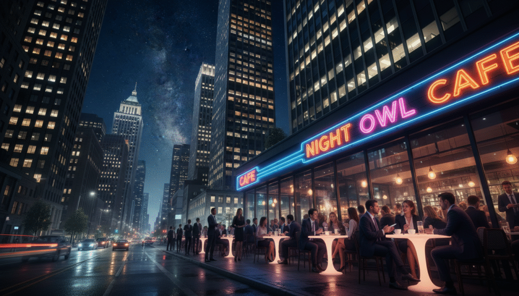 A stunning night photo captured with a Galaxy S25 camera, showcasing remarkable sharpness and detail. In the foreground, a vibrant city street is illuminated by colorful neon lights, with a slight reflection on wet pavement. In the middle ground, a clear view of a bustling café scene is depicted, with tables filled with patrons, all dressed in professional attire. The background features a beautifully lit skyline, with twinkling stars visible in the deep blue night sky. The image is taken at a low angle to emphasize the height and grandeur of the buildings, highlighting the contrast between artificial light and the natural sky. The mood is lively and dynamic, exuding an urban nightlife atmosphere, while expertly illustrating the camera's impressive night photography capabilities.